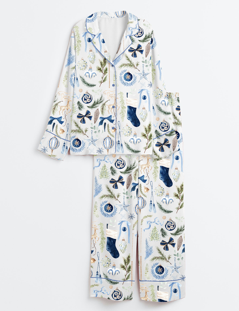 Women's Watercolor Navy Christmas Navy Gold Royal Blue Christmas Long Sleeve Satin Pajama Set