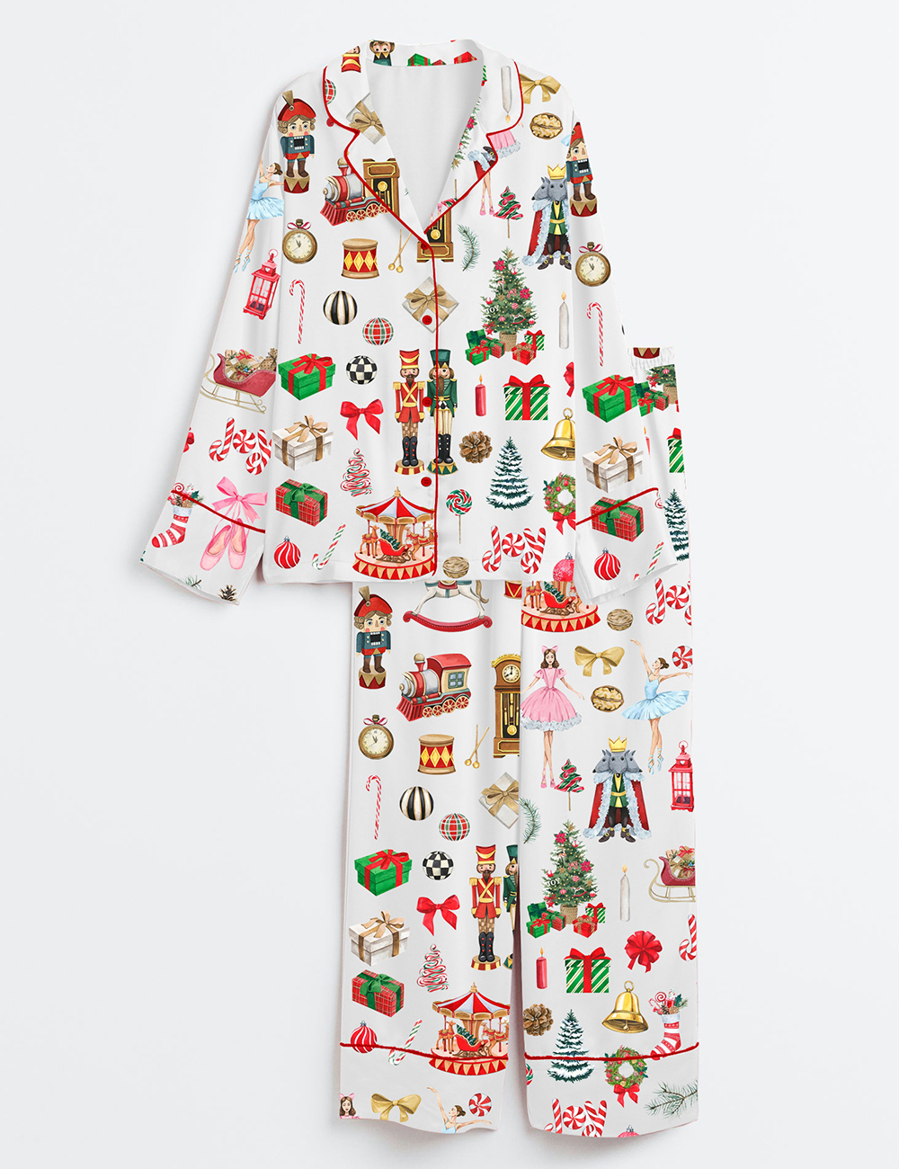 Women's Watercolor Nutcracker Christmas Ballet Mouse King Long Sleeve Satin Pajama Set