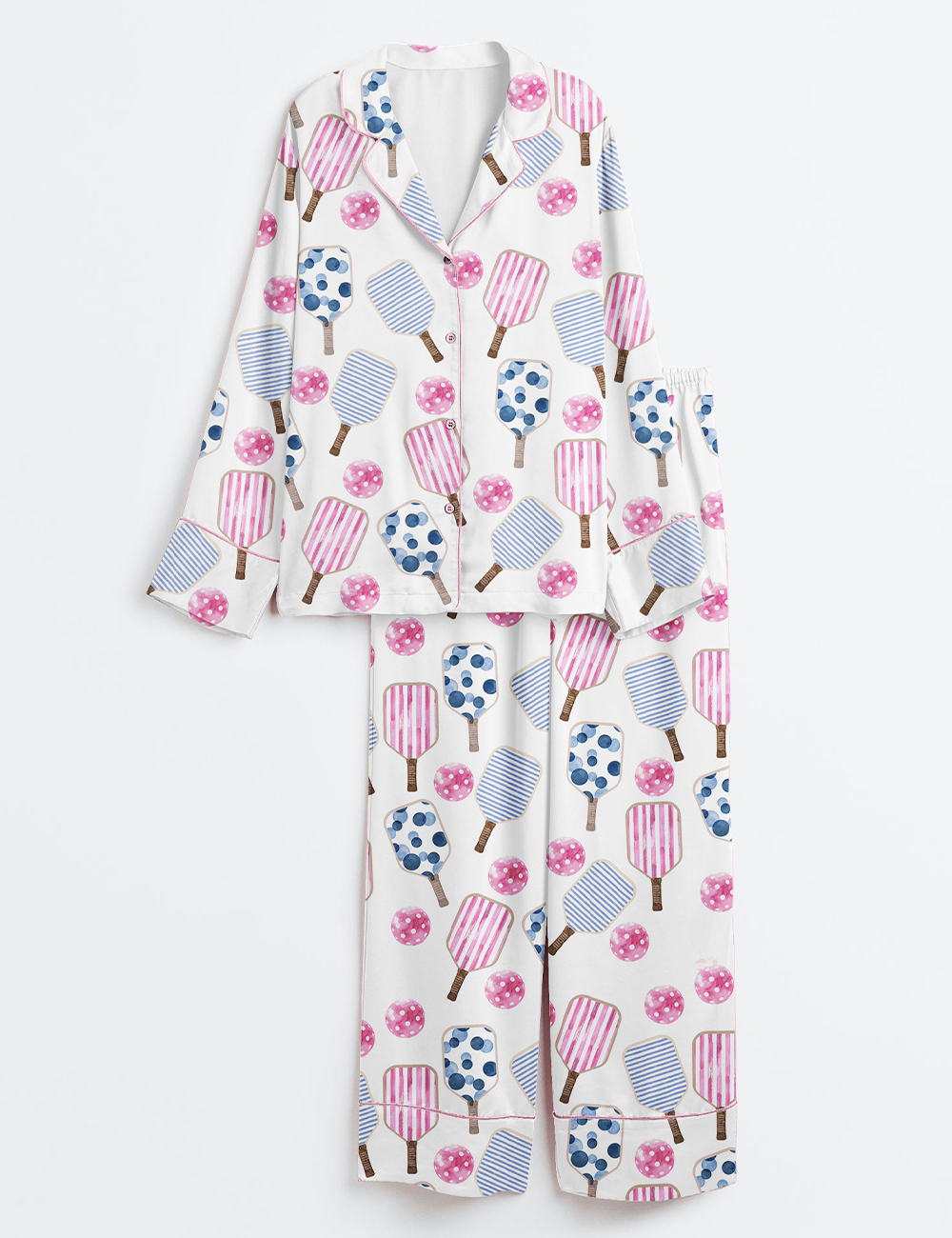 Women's Watercolor Stripes Pink And Blue Pickleball Paddle And Ball Long Sleeve Satin Pajama Set