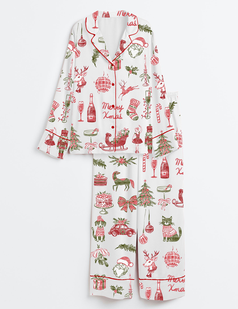 Women's Watercolor Vintage Christmas Hand Drawn Holiday Cocktails Long Sleeve Satin Pajama Set