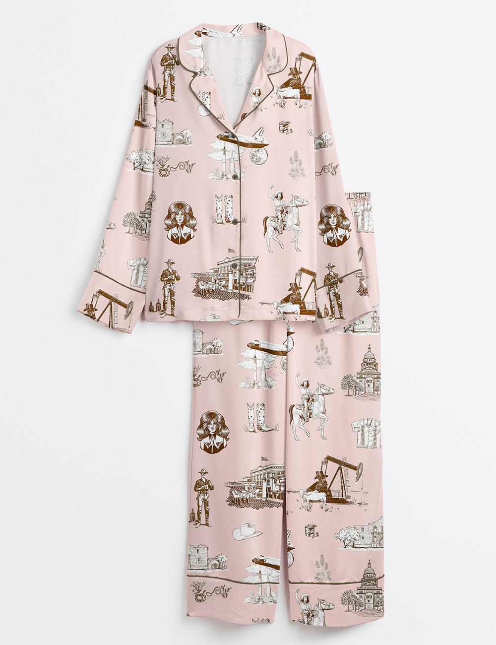 Women's Watercolor Western Texas Horse Ranch Cowboy Print Western Cowgirl Texas Travel Print Long Sleeve Satin Pajama Set