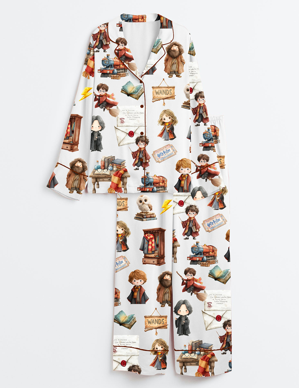 Women's Watercolour Wizard School Owl Wand Book Magic Potion Long Sleeve Satin Pajama Set