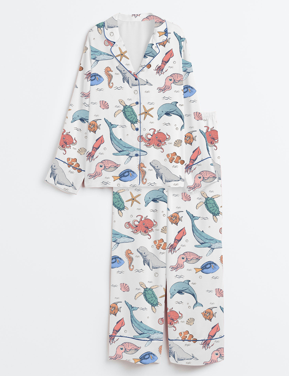 Women's We All Swim Together Ocean Animal Underwater Turtle Long Sleeve Satin Pajama Set