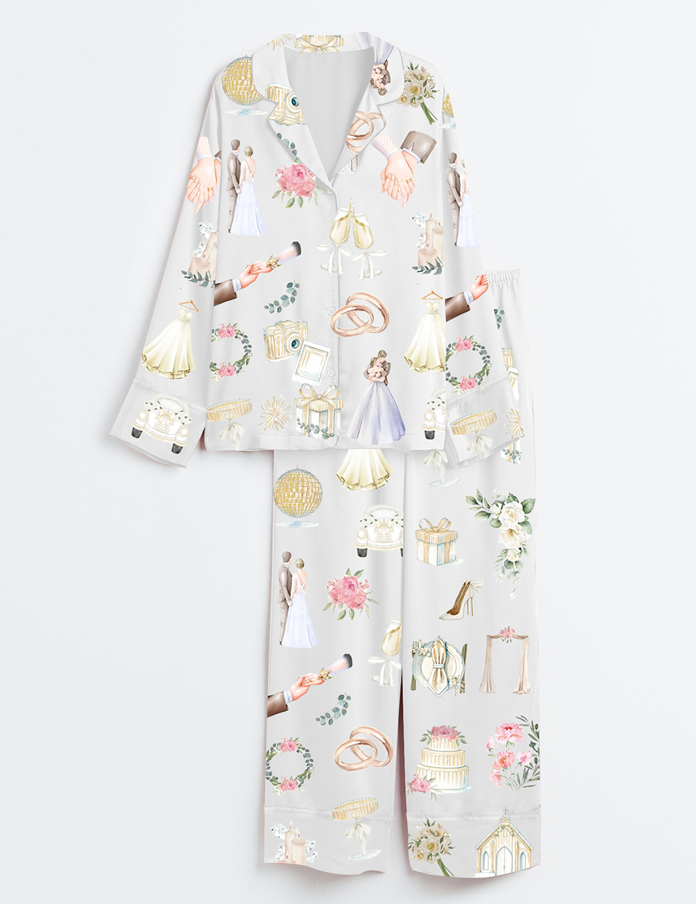 Women's Wedding Timeline Watercolor Wedding Bride Groom Floral Elements Summer Marriage Print Long Sleeve Satin Pajama Set