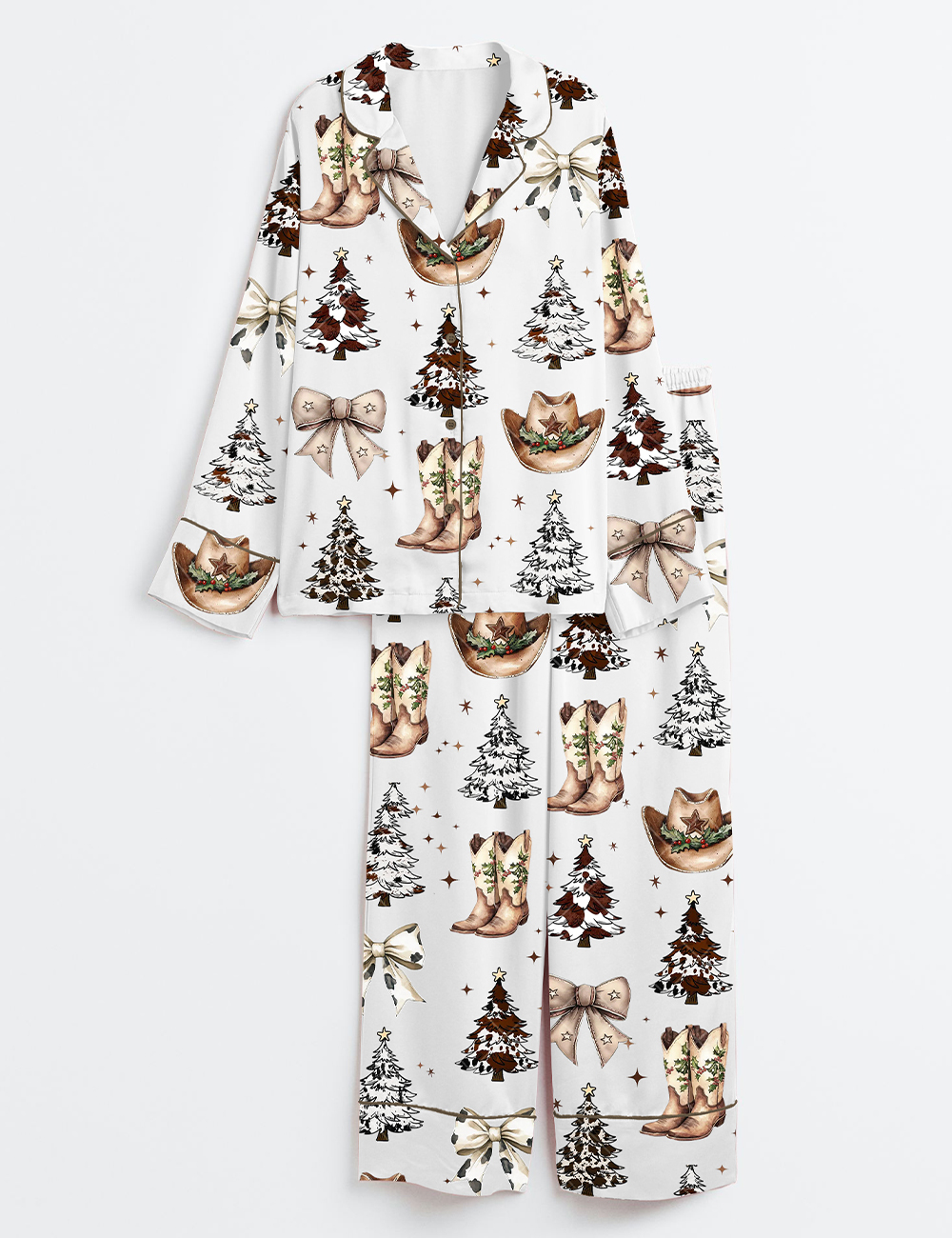 Women's Western Christmas Coquette Cowboy Boots Hat Christmas Trees Long Sleeve Satin Pajama Set