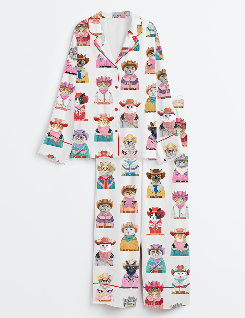 Women's Western Cowboy Cats Cat Lovers Long Sleeve Satin Pajama Set