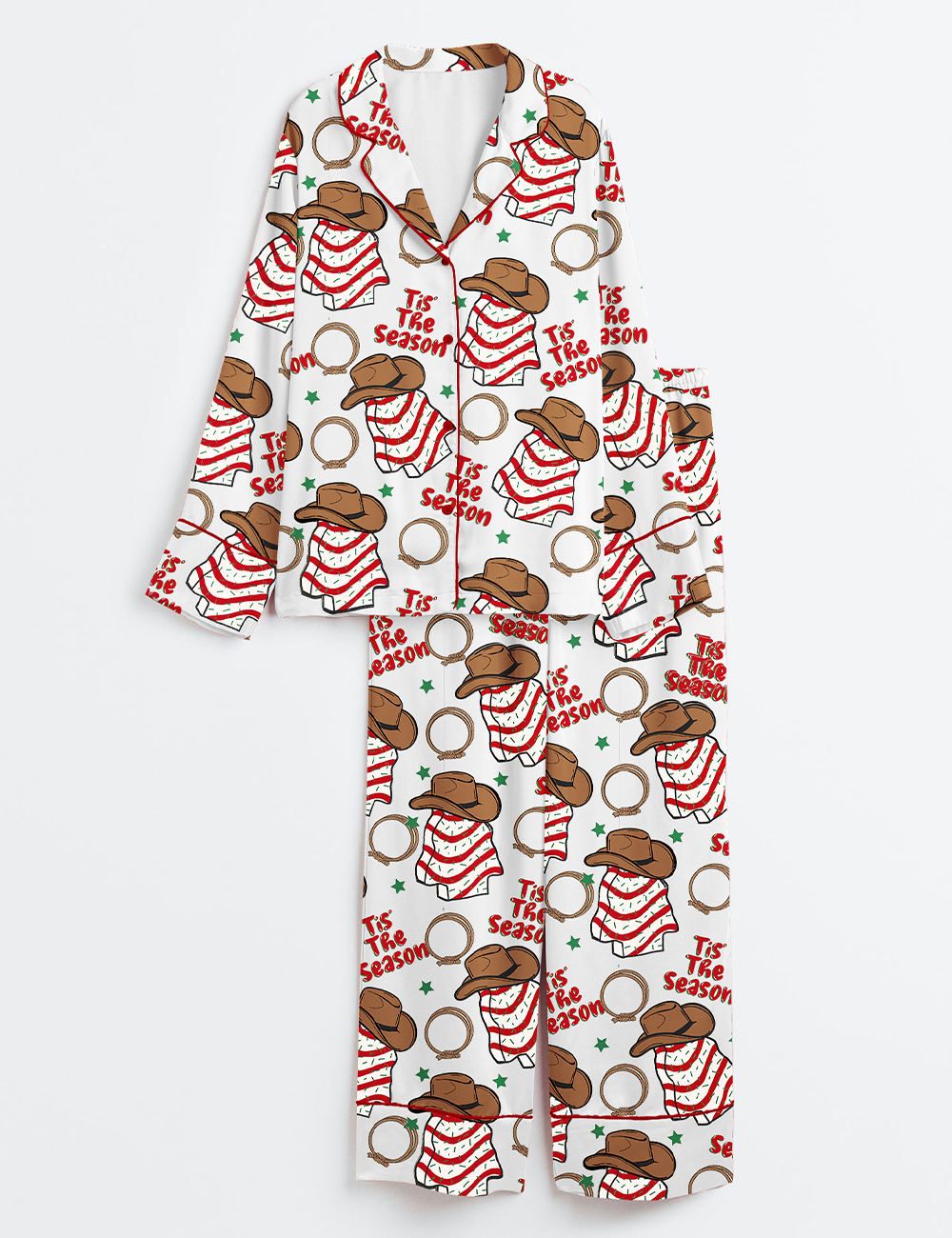 Women's Western Cowboy Christmas Cake Long Sleeve Satin Pajama Set