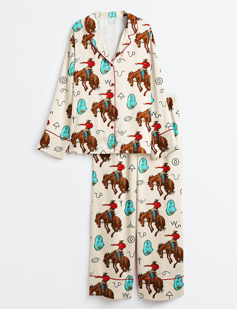 Women's Western Cowboy Cowgirl Horse Riding Long Sleeve Satin Pajama Set