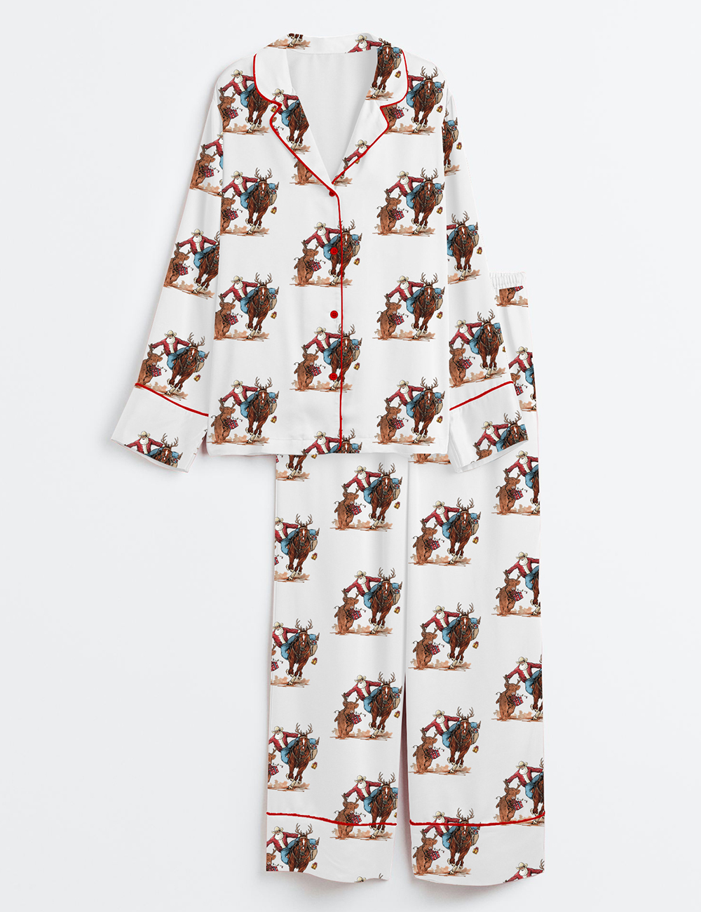 Women's Western Cowboy Santa Christmas Rodeo Horse And Reindeer Long Sleeve Satin Pajama Set