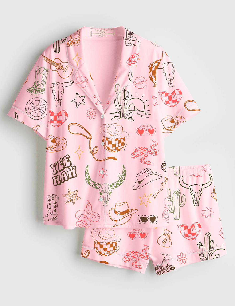 Women's Western Cowgirl Bachelorette Hand-Drawn Wild West Disco Print Short Sleeve Satin Pajama Set