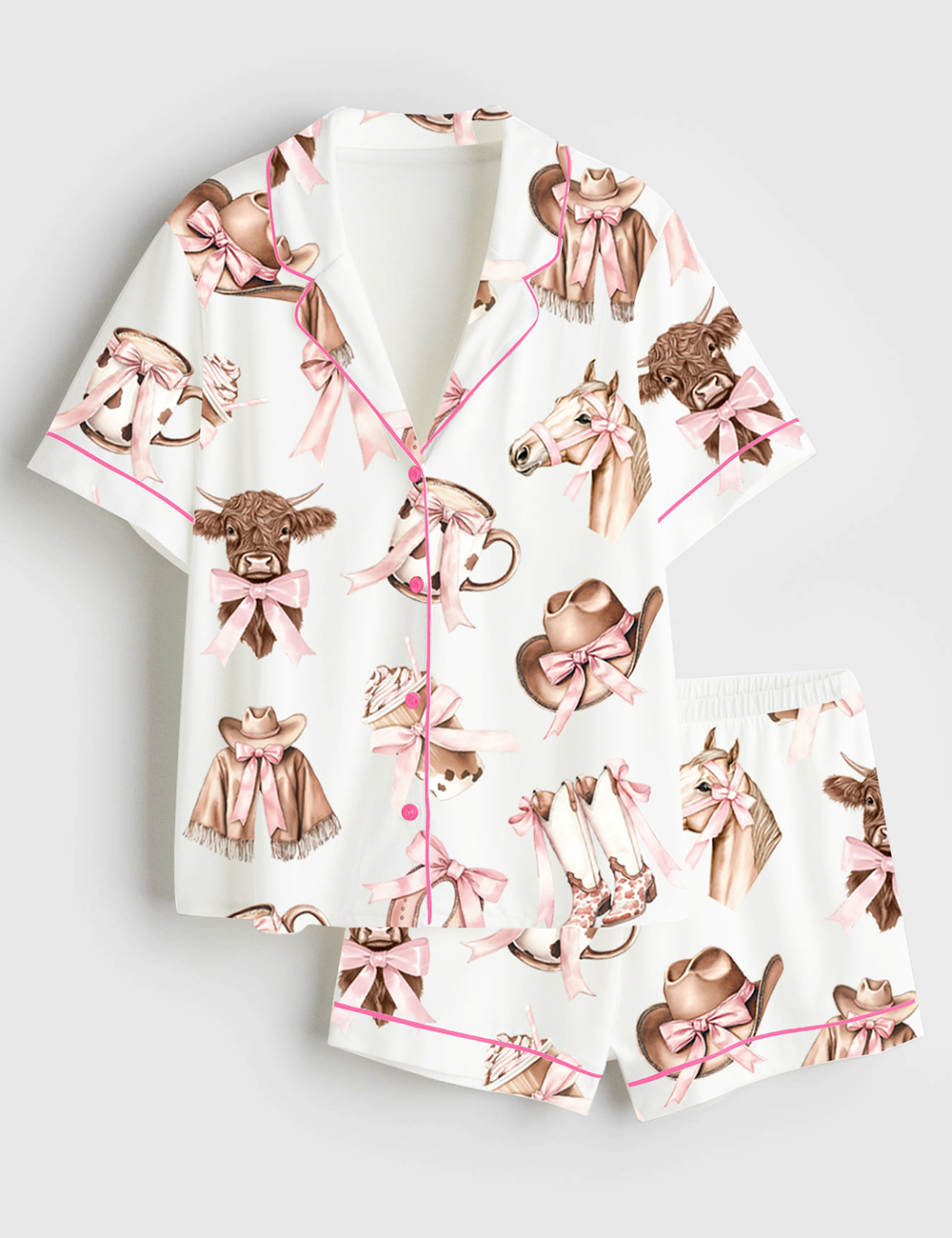 Women's Western Cowgirl Highland Cow Short Sleeve Satin Pajama Set