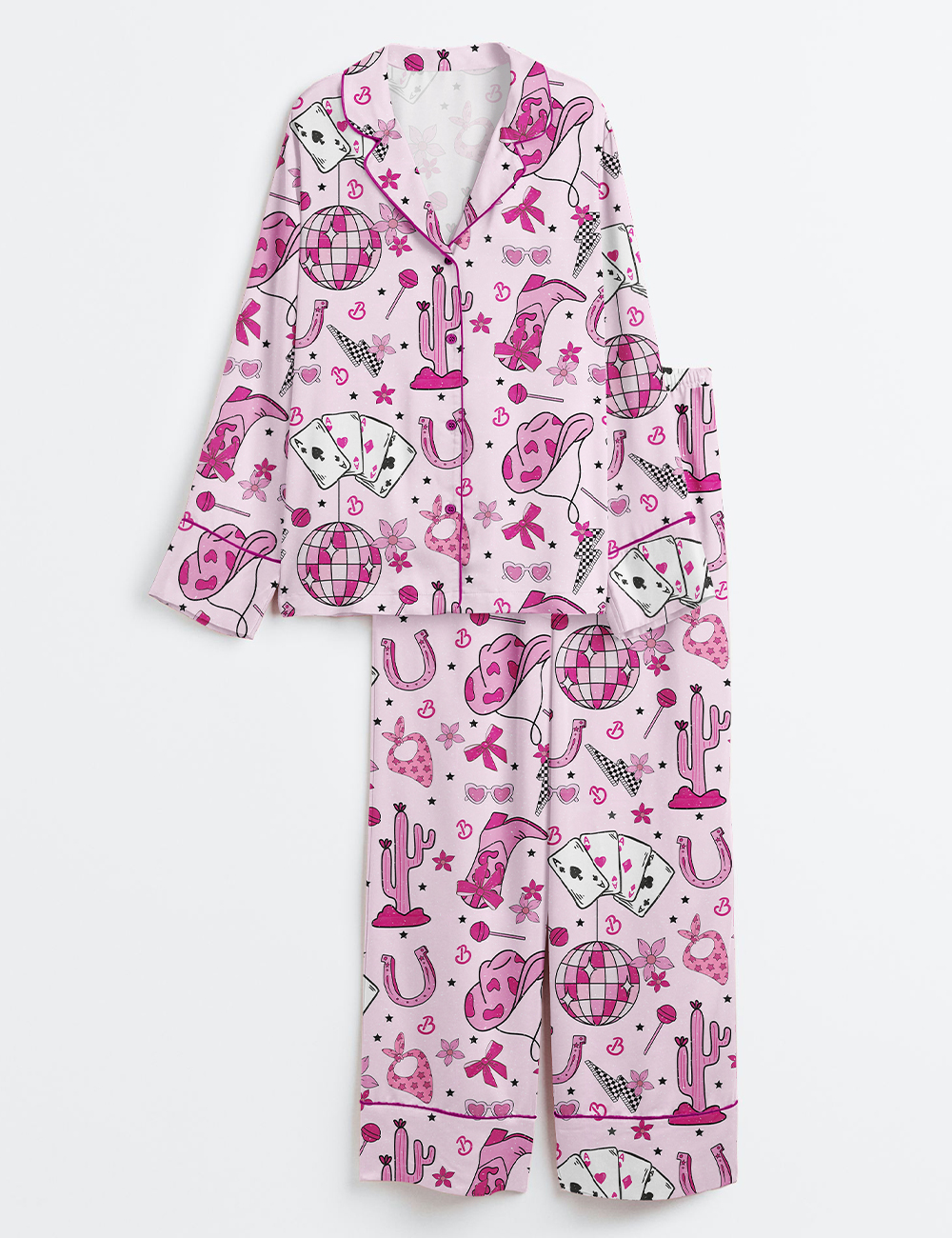 Women's Western Pink Barbie Retro Long Sleeve Satin Pajama Set