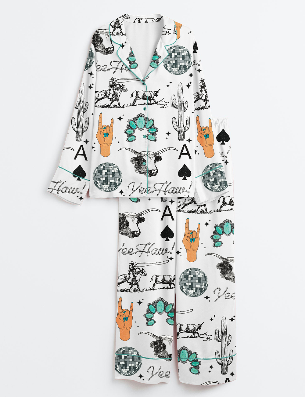 Women's Western Things Sublimation Cowgirl Spade Rodeo Western Print Long Sleeve Satin Pajama Set