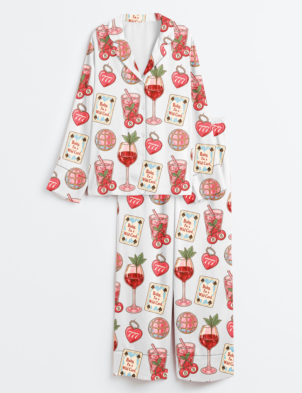 Women's Western Wild Card Cherry Retro Coquette Western Collage Trendy Western Print Long Sleeve Satin Pajama Set