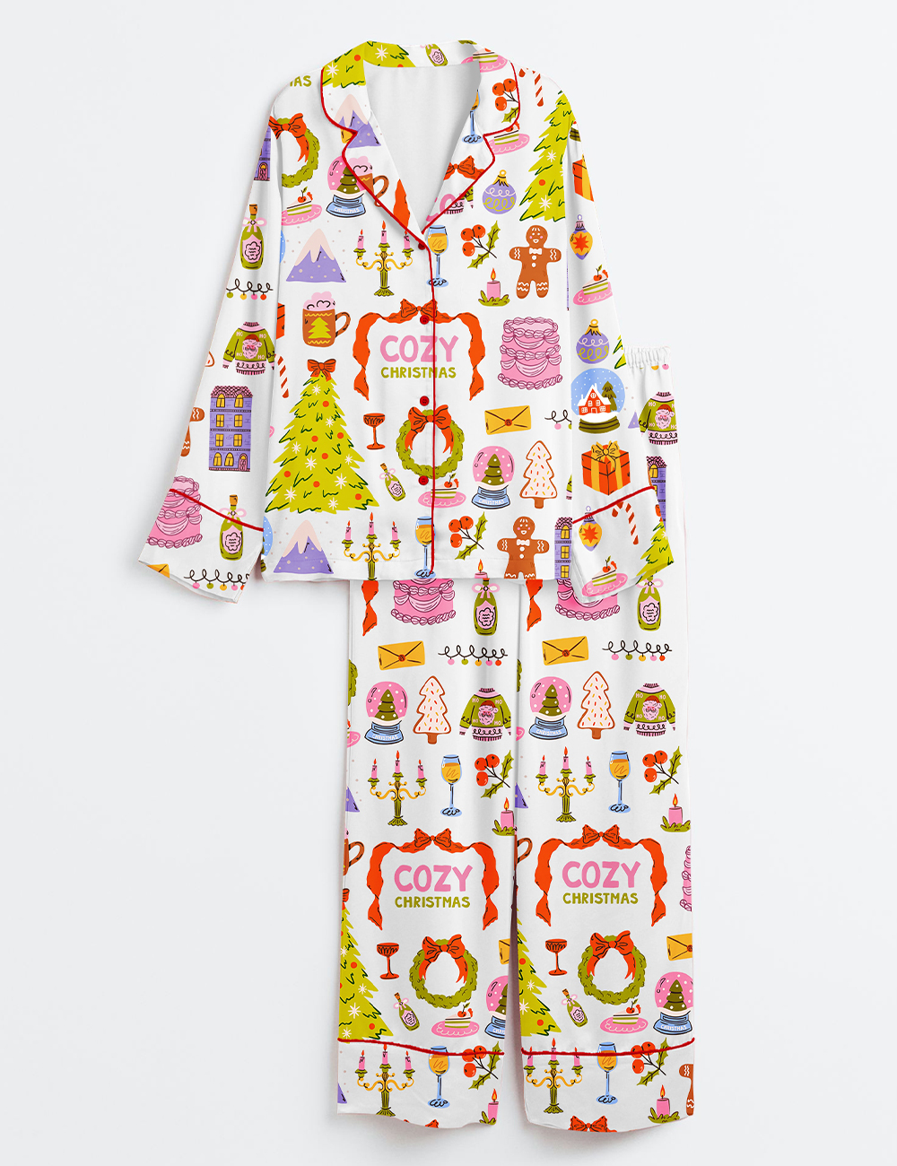 Women's Whimsical Christmas Hand Drawn Xmas Cozy Winter Long Sleeve Satin Pajama Set