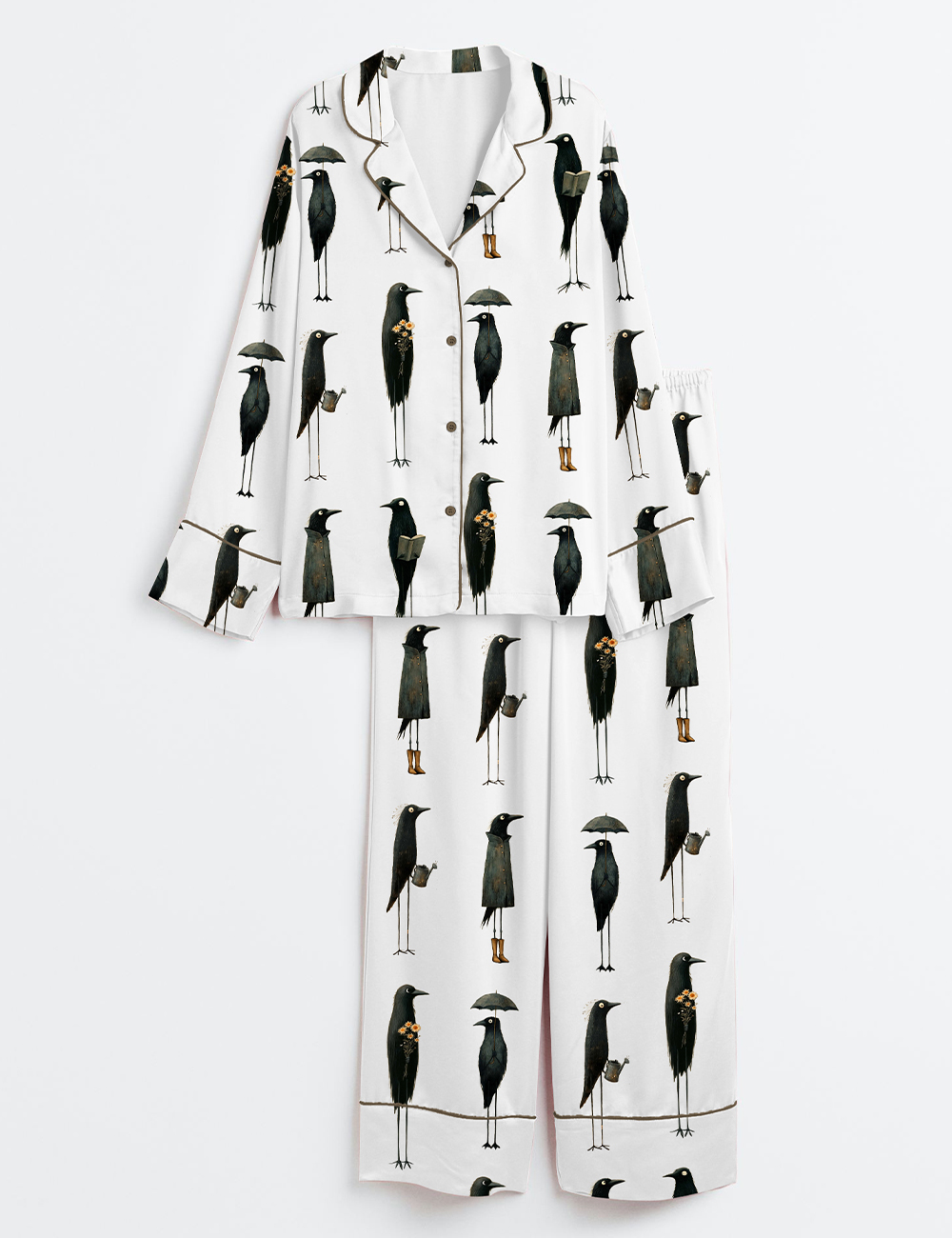 Women's Whimsical Crows Quirky Black Raven Birding F-Caw-F Long Sleeve Satin Pajama Set