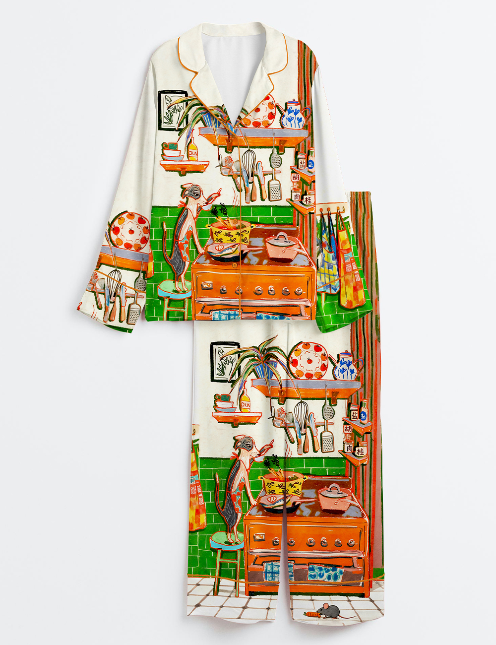 Women's Whimsical Dinner Time Dog Art Print Long Sleeve Satin Pajama Set