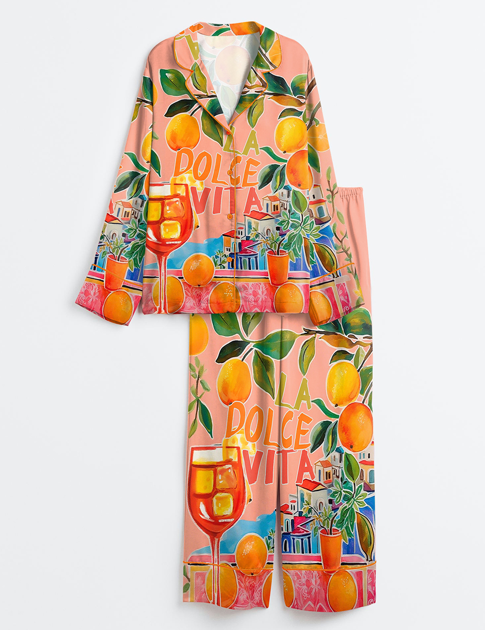 Women's Whimsical La Dolce Vita Italy Painted Retro Watercolor Italian Oranges Wall Art Print Long Sleeve Satin Pajama Set