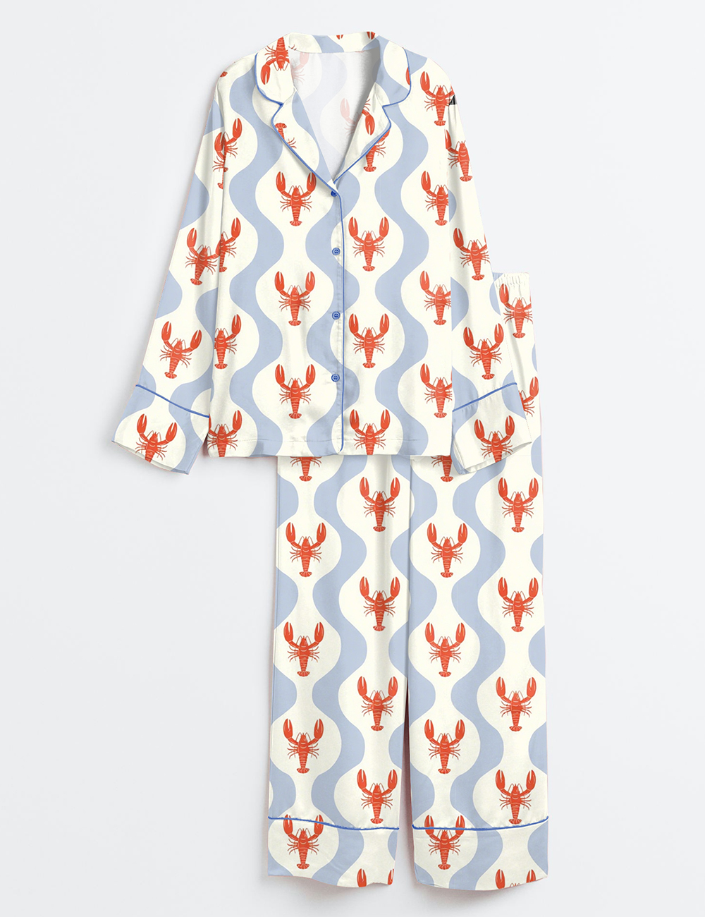 Women's Whimsical Lobster Nautical Beach Coastal Marine Print Long Sleeve Satin Pajama Set