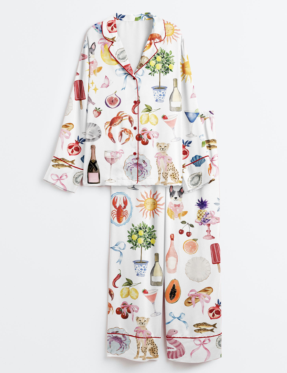 Women's Whimsical Wedding Dolce Vita Wedding Coquette Mediterranean Print Long Sleeve Satin Pajama Set