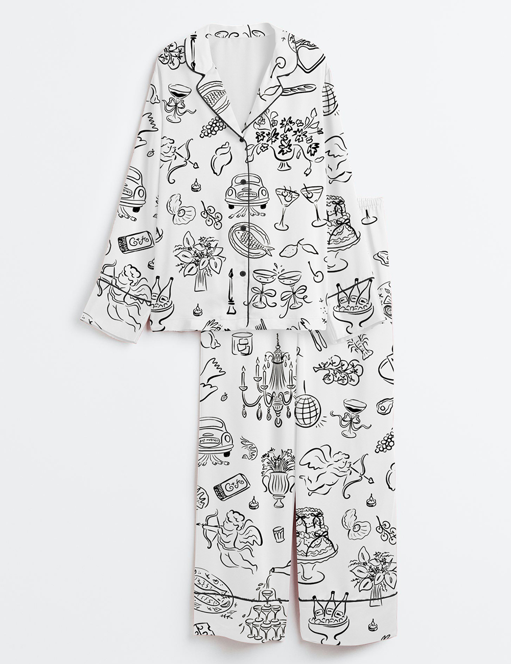 Women's Whimsical Wedding Doodles For Wedding Print Long Sleeve Satin Pajama Set