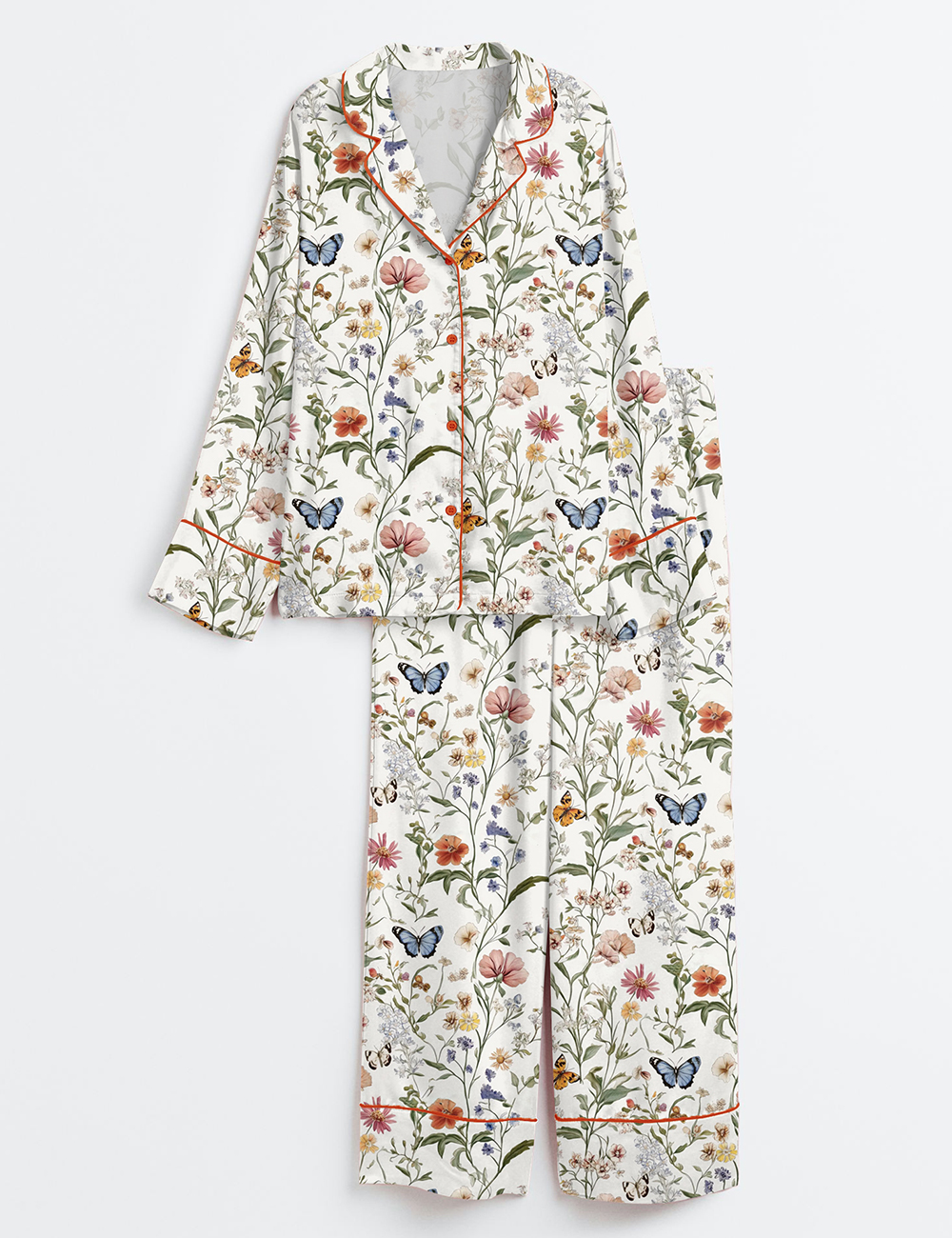 Women's Wildflower Butterfly Vintage Spring Wildflower Print Long Sleeve Satin Pajama Set