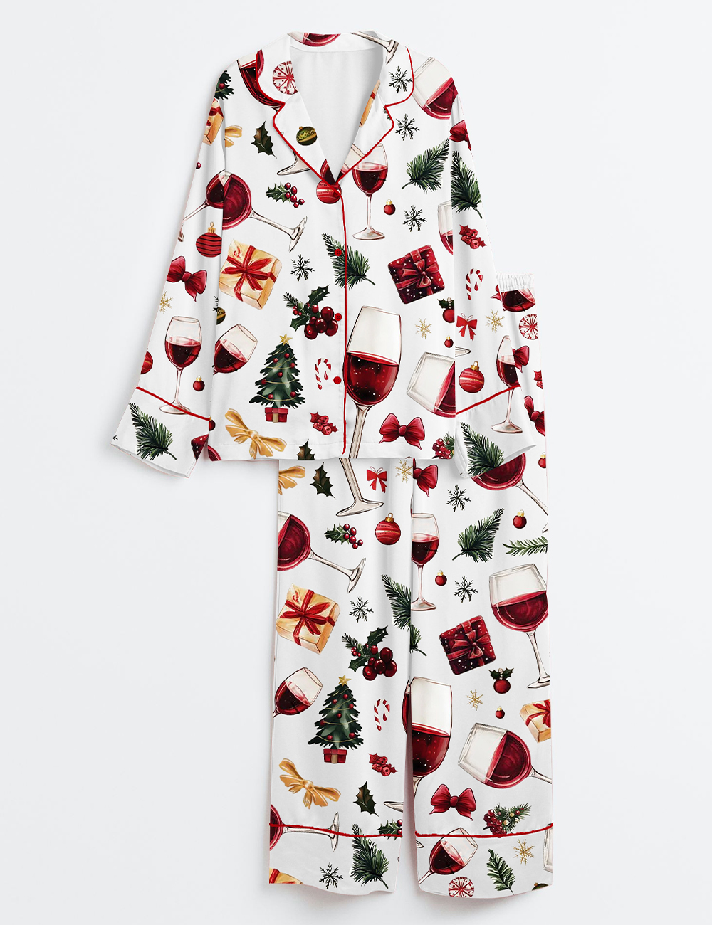 Women's Wine Glass Christmas Holiday Long Sleeve Satin Pajama Set