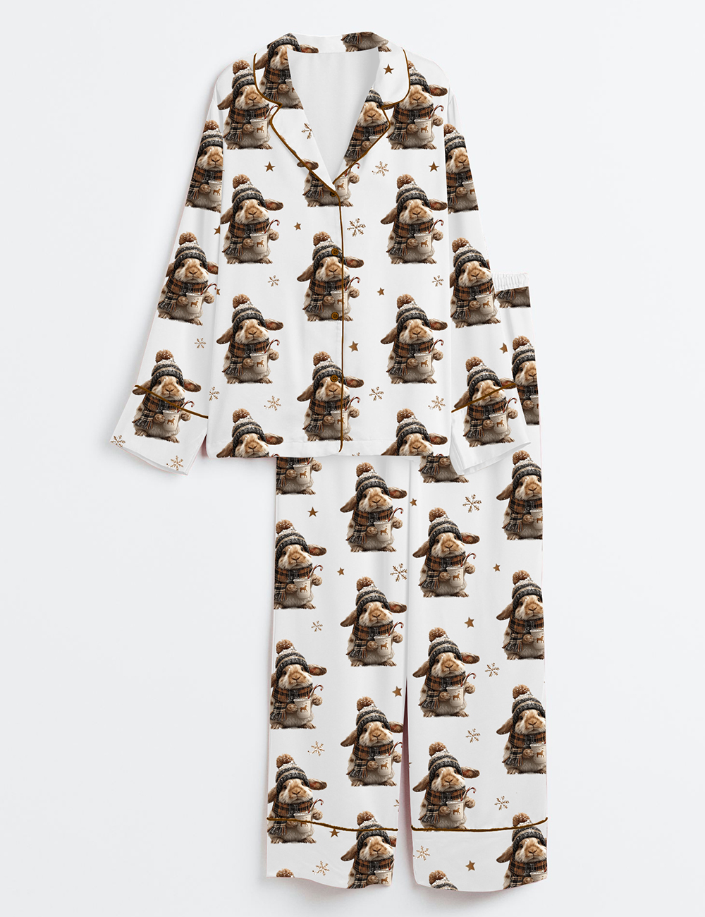 Women's Winter Bunny Christmas Cocoa Animal Lover Long Sleeve Satin Pajama Set