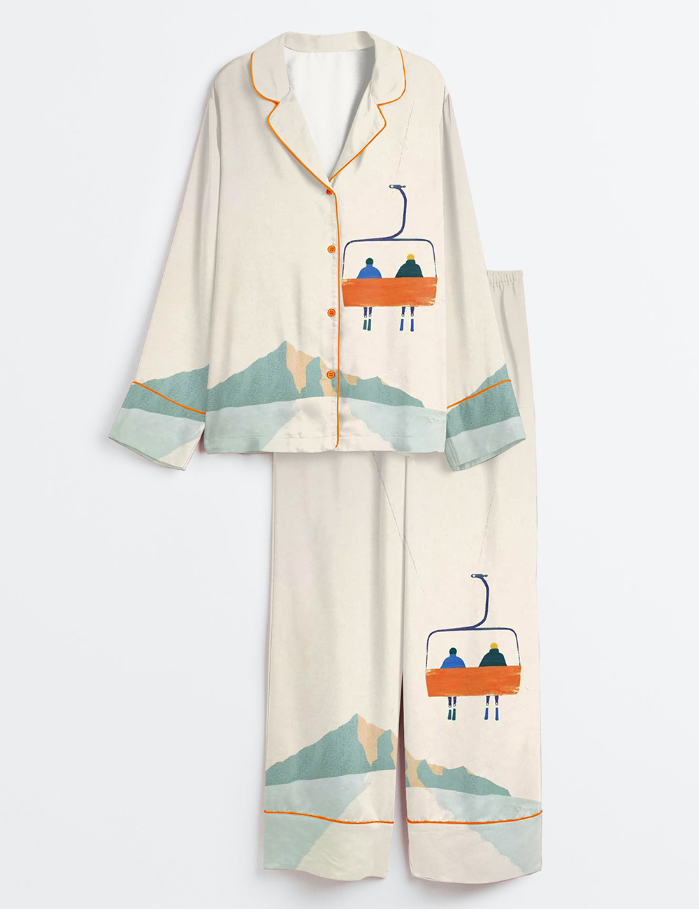 Women's Winter Mountain Skiing Chairlift Skiers On Chairlift Long Sleeve Satin Pajama Set