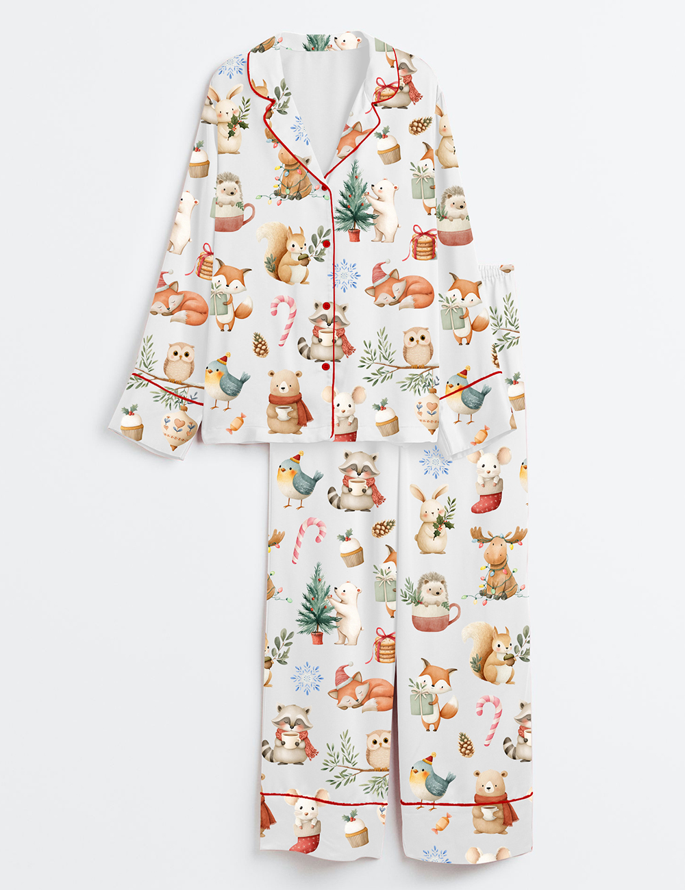 Women's Woodland Christmas Watercolor Reindeer Bear Hedgehog Holiday Animals Long Sleeve Satin Pajama Set