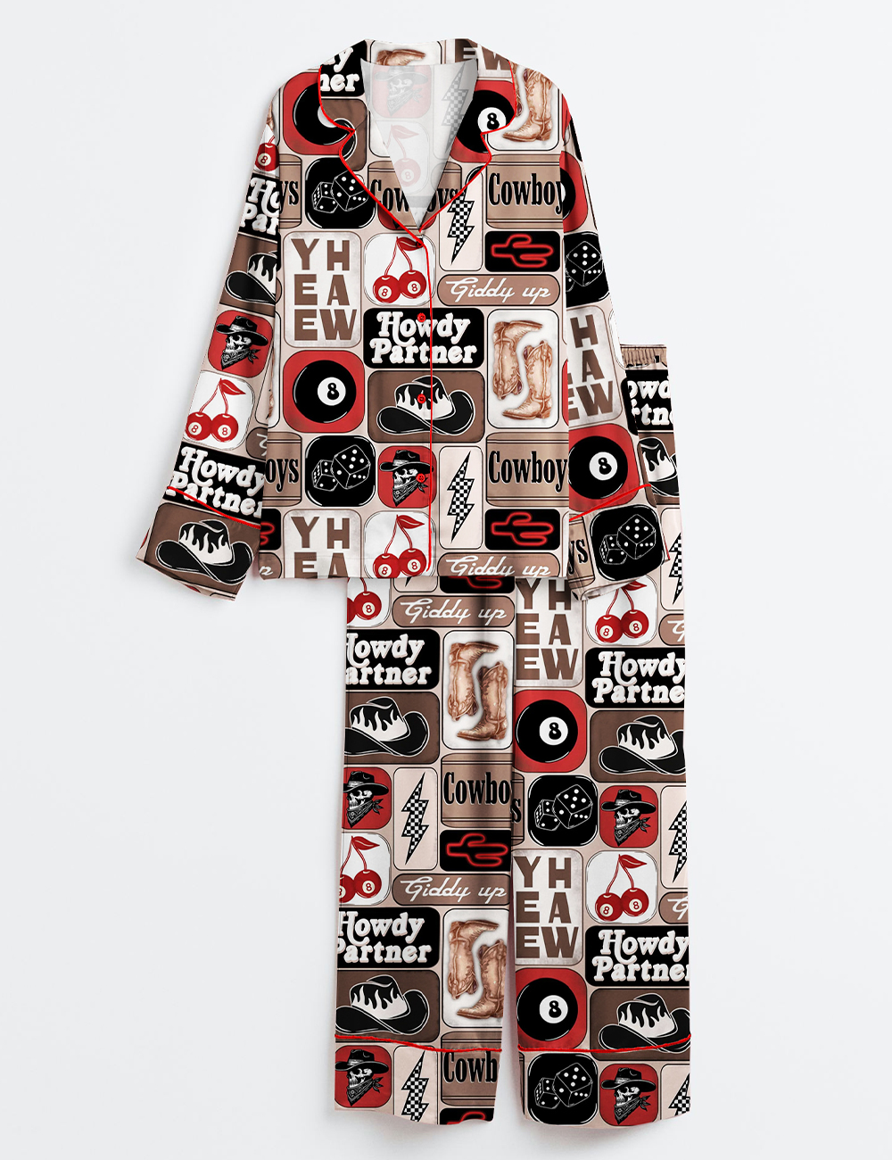 Women's Yee Haw Howdy Partner Giddy Up Western Cowboy Collage Print Long Sleeve Satin Pajama Set