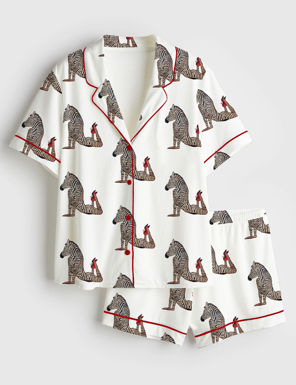Women's Zebra Wearing Red High Heels Short Sleeve Satin Pajama Set