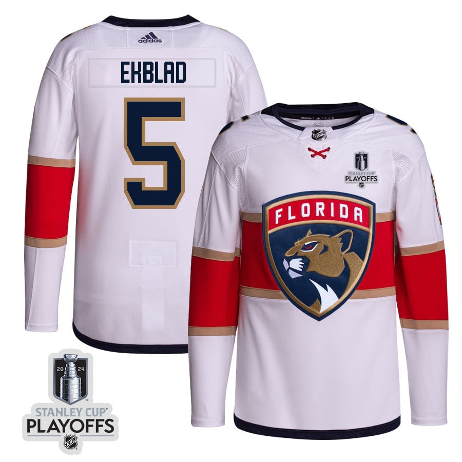 Aaron Ekblad 5 Florida Panthers 2024 NHL Playoffs Patch Away Jersey Customized - Men, White - JS634 