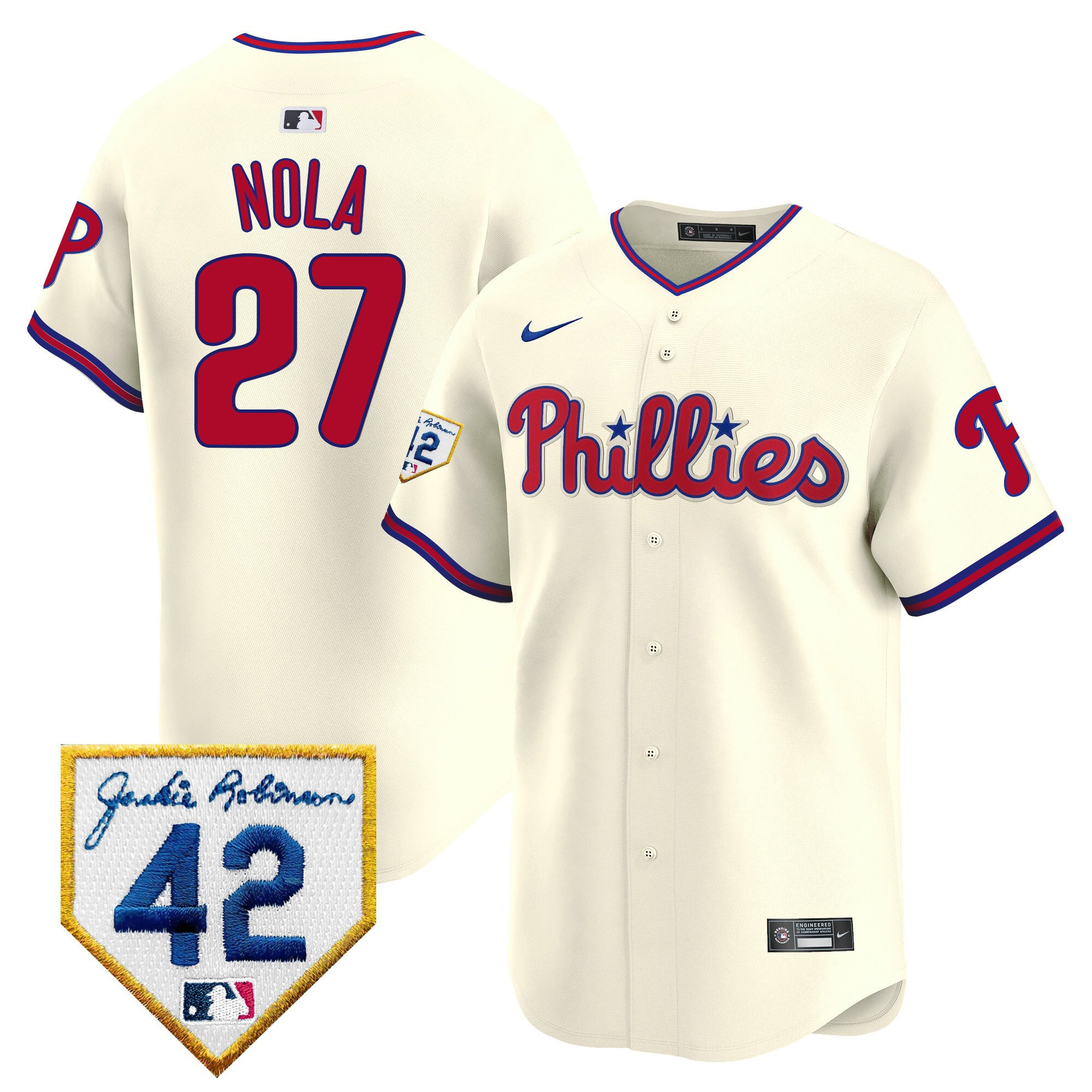 Aaron Nola 27 Philadelphia Phillies 2024 Jackie Robinson Patch Men Jersey - Cream 