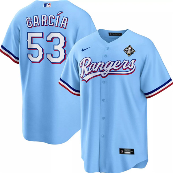 Alternative view of Adolis García 53 Texas Rangers 2023 World Series Stitched Baseball Jersey - Blue - JS486 