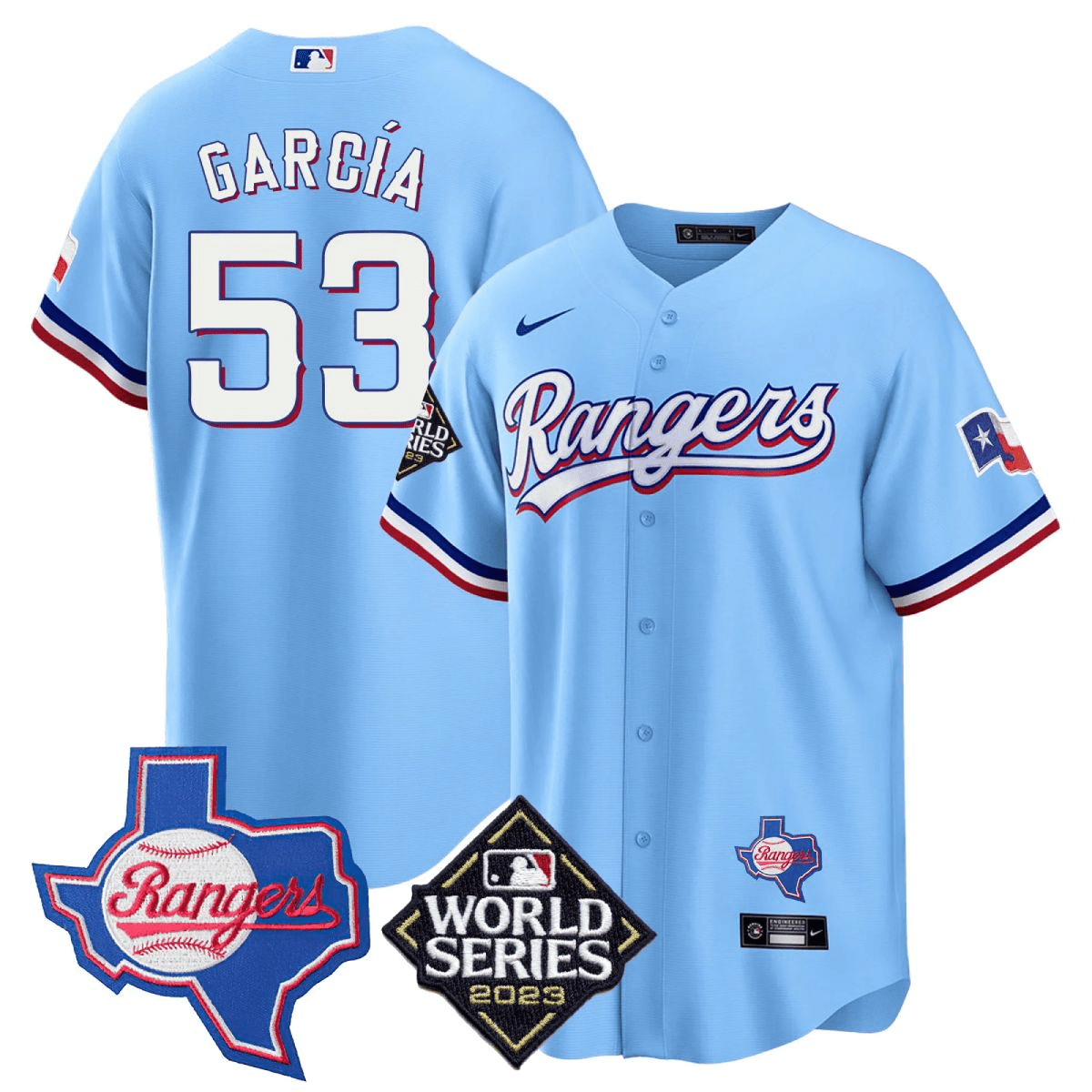 Adolis Garcia 53 Texas Rangers 2023 World Series & Texas State Patch Men Jersey - Blue - JS639 