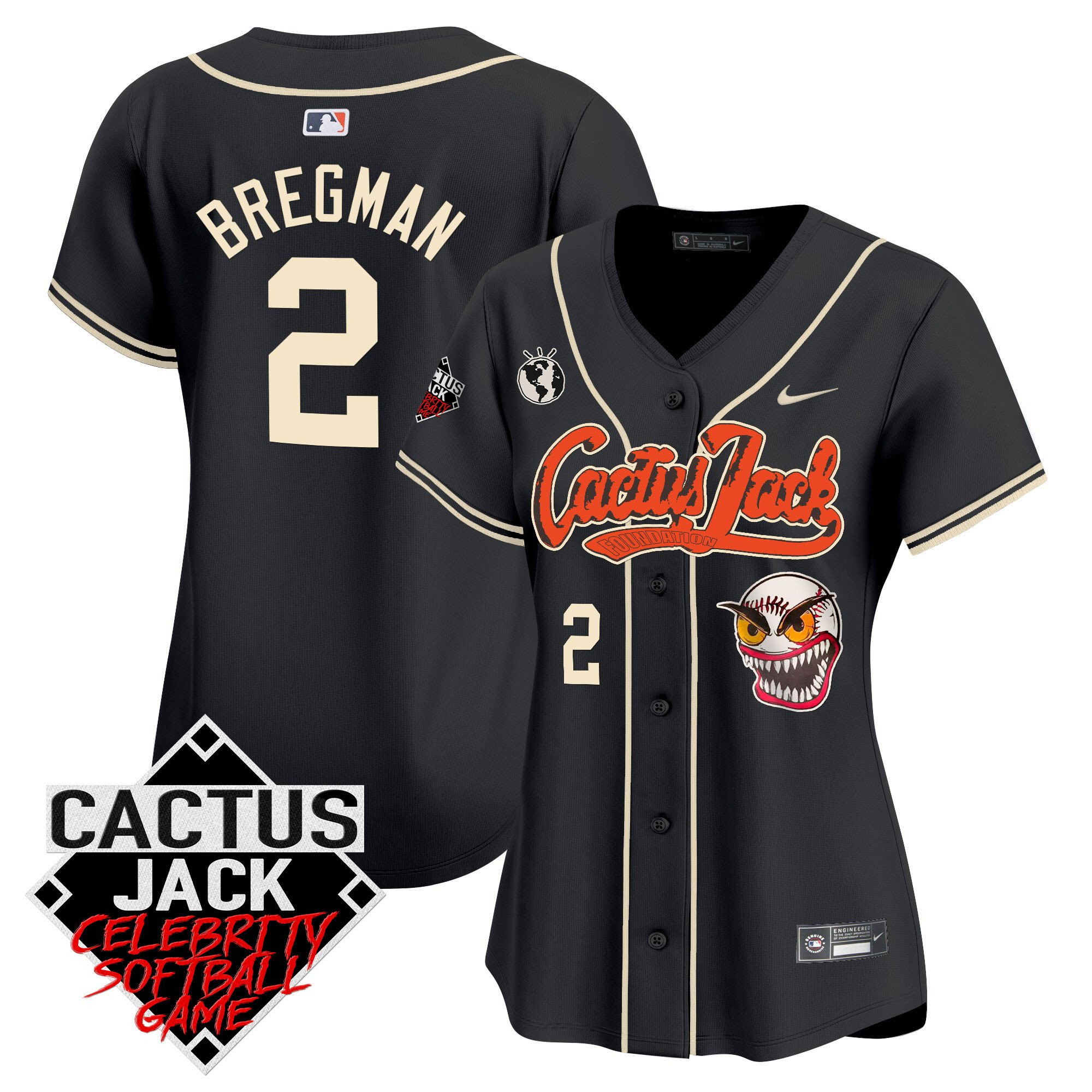 Alex Bregman 2 Houston Astros Cactus Jack Celebrity Softball Game Patch Women Jersey - Black