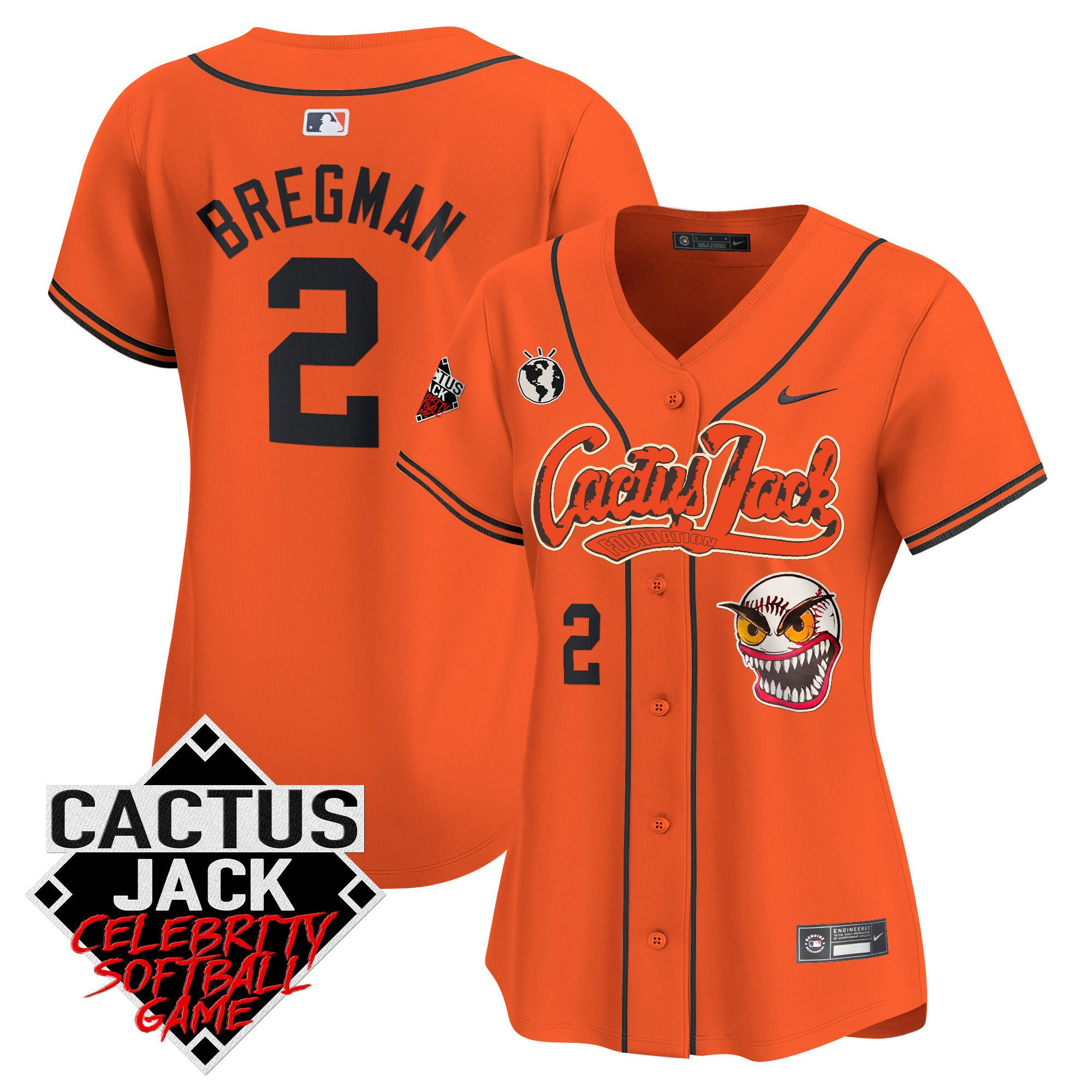 Alex Bregman 2 Houston Astros Cactus Jack Celebrity Softball Game Patch Women Jersey - Orange