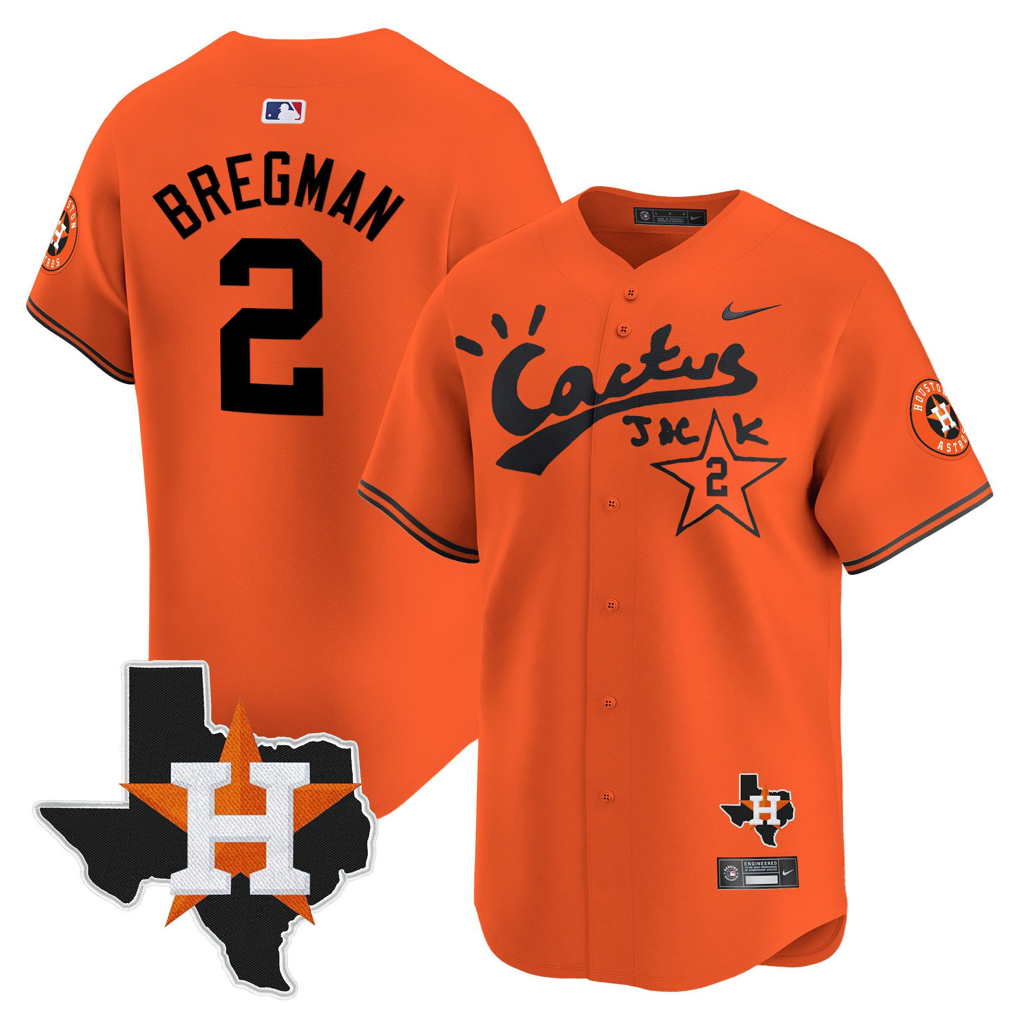 Alex Bregman 2 Houston Astros Cactus Jack Houston Patch Orange Limited Jersey - Men 