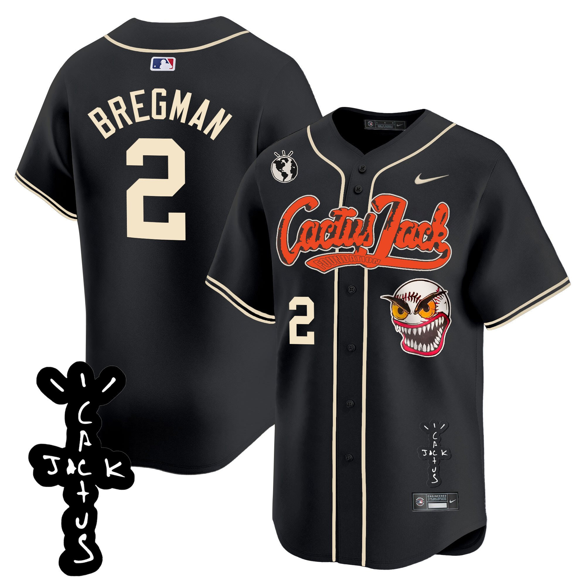 Alex Bregman 2 Houston Astros Cactus Jack Patch V2 Men Jersey - Black