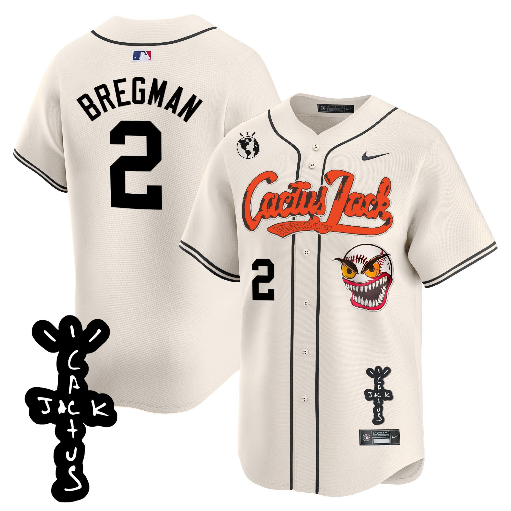 Alex Bregman 2 Houston Astros Cactus Jack Patch V2 Men Jersey - Cream
