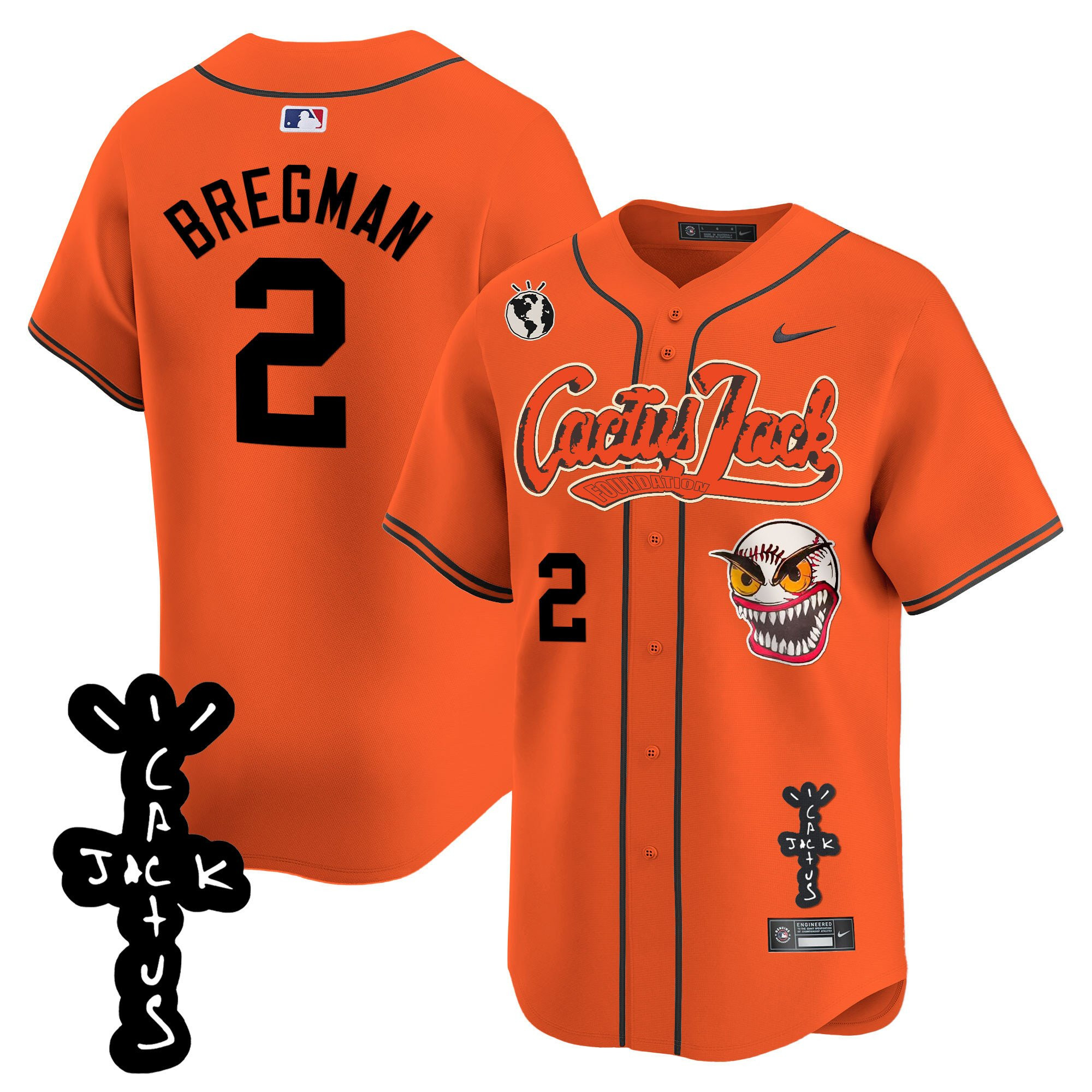 Alex Bregman 2 Houston Astros Cactus Jack Patch V2 Men Jersey - Orange