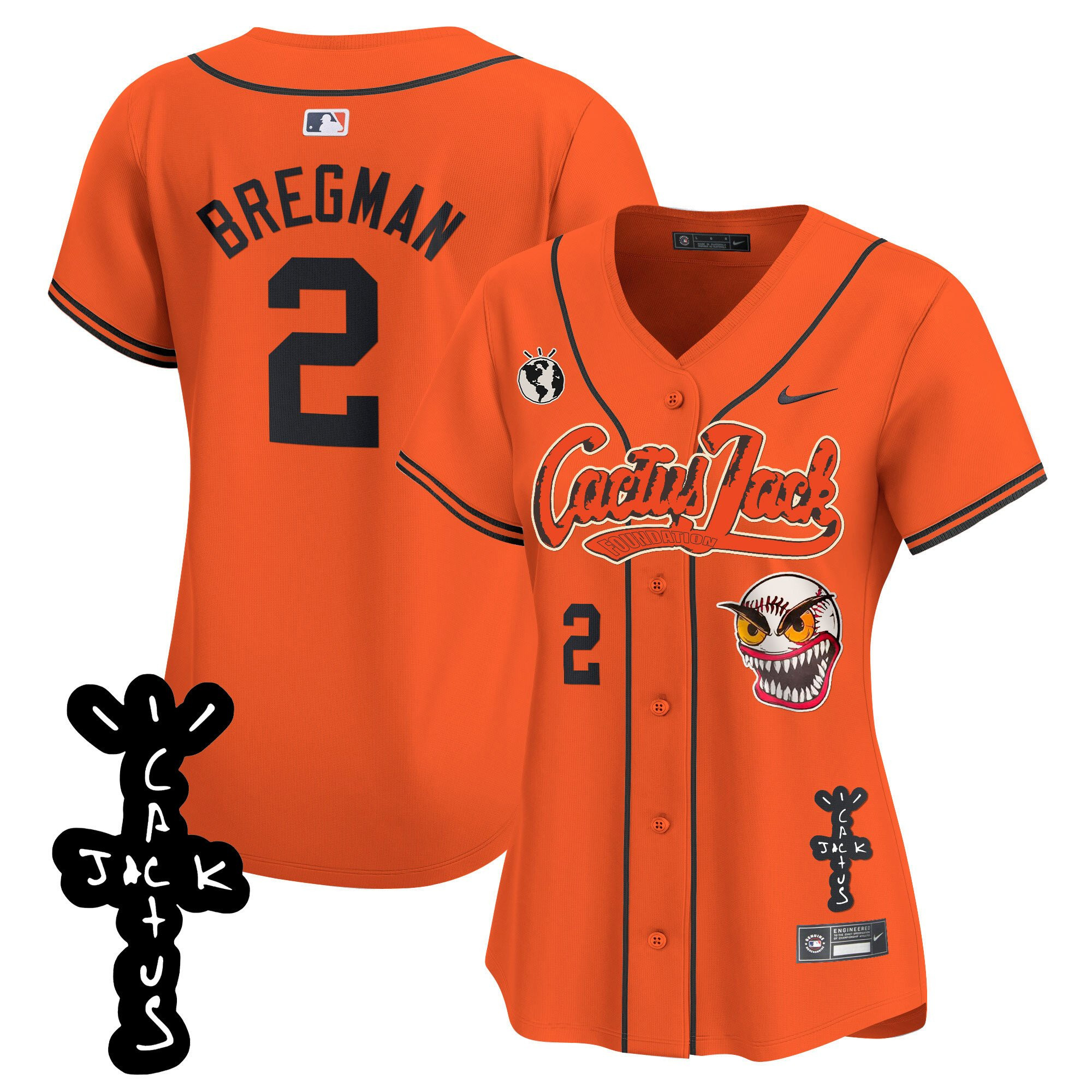 Alex Bregman 2 Houston Astros Cactus Jack Patch V2 Women Jersey - Orange 