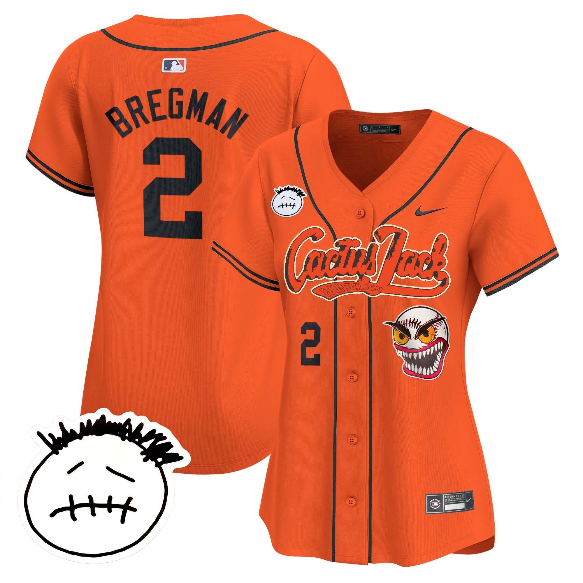 Alex Bregman 2 Houston Astros Cactus Jack Patch V3 Women Jersey - Orange 