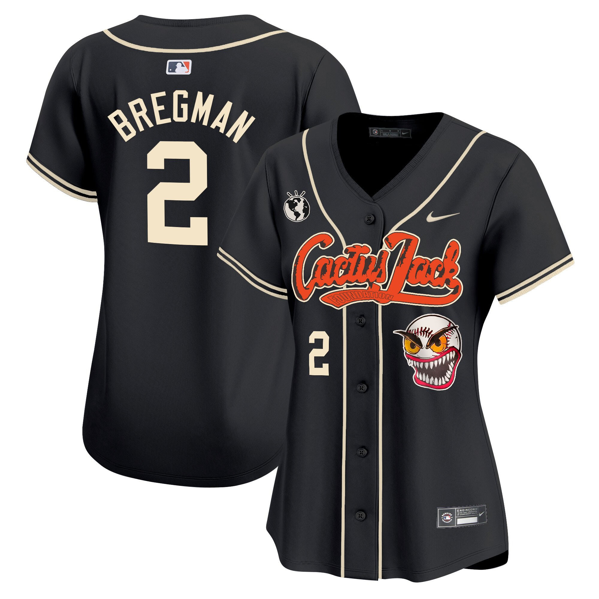 Alex Bregman 2 Houston Astros Cactus Jack Patch Women Jersey - Black