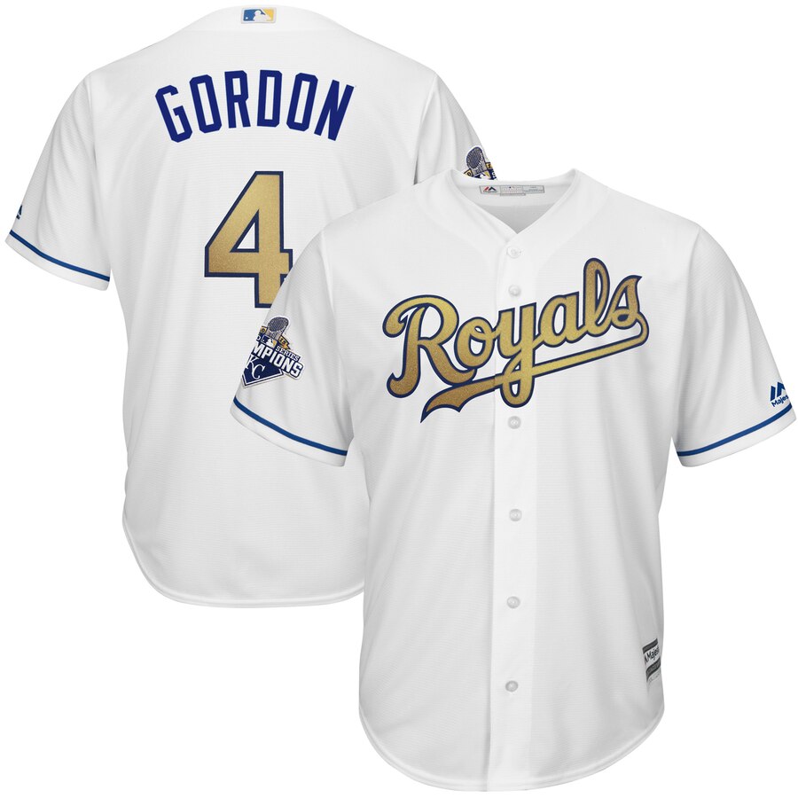 Alex Gordon Kansas City Royals Majestic World Series Champions Gold Program Cool Base Player Jersey – White