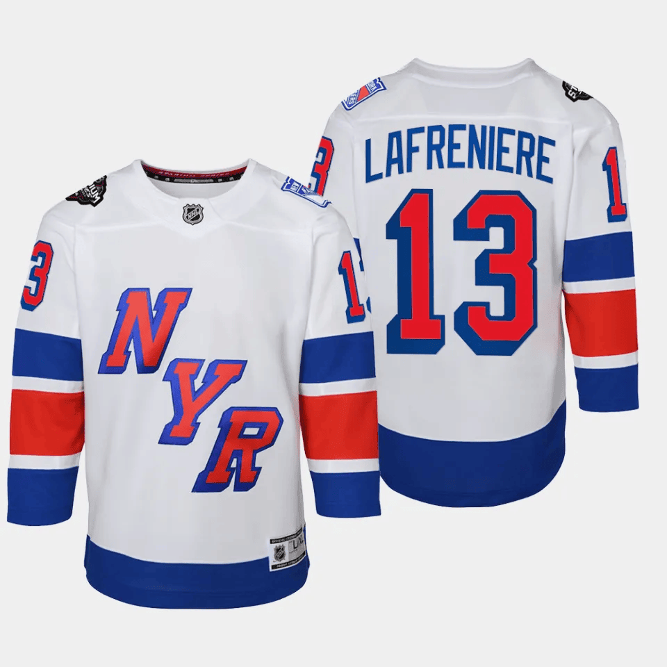 Alternative view of Alexis Lafreniere 13 New York Rangers 2024 NHL YOUTH Stadium Series Jersey - White - JS476 