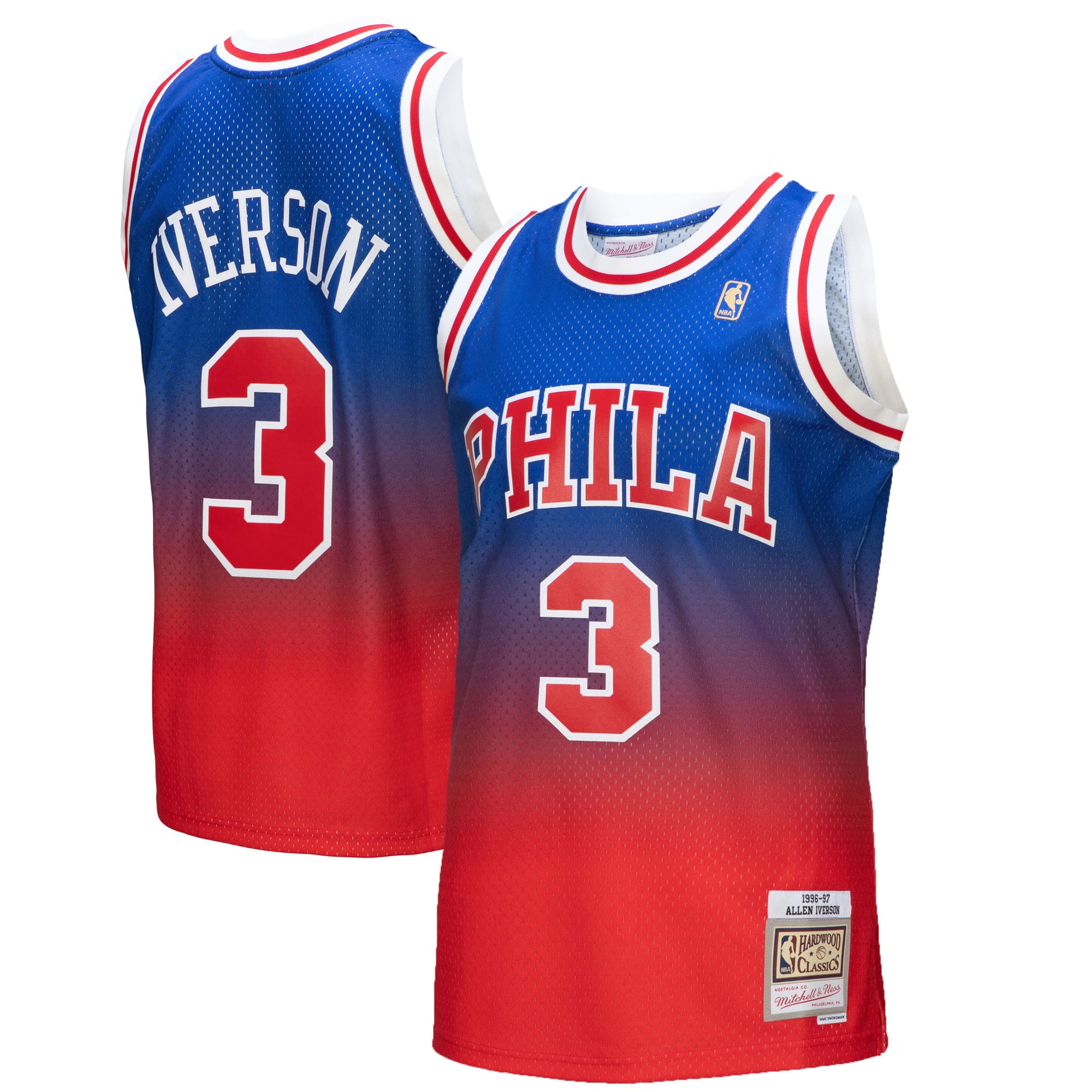 Allen Iverson Philadelphia 76ers Mitchell & Ness 1996/97 Hardwood Classics Fadeaway Swingman Player Jersey - Red/royal