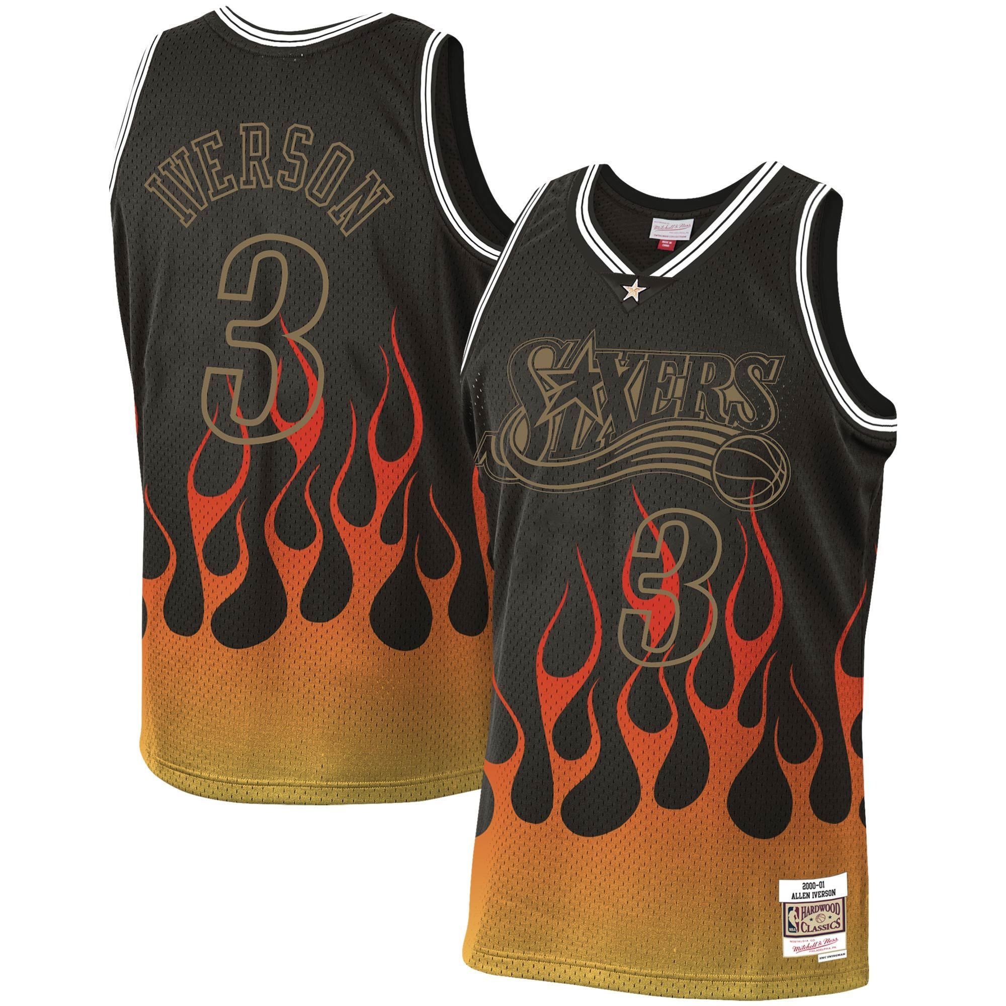 Allen Iverson Philadelphia 76ers Mitchell & Ness 2000-01 Hardwood Classics Flames Swingman Jersey – Black - JS598 