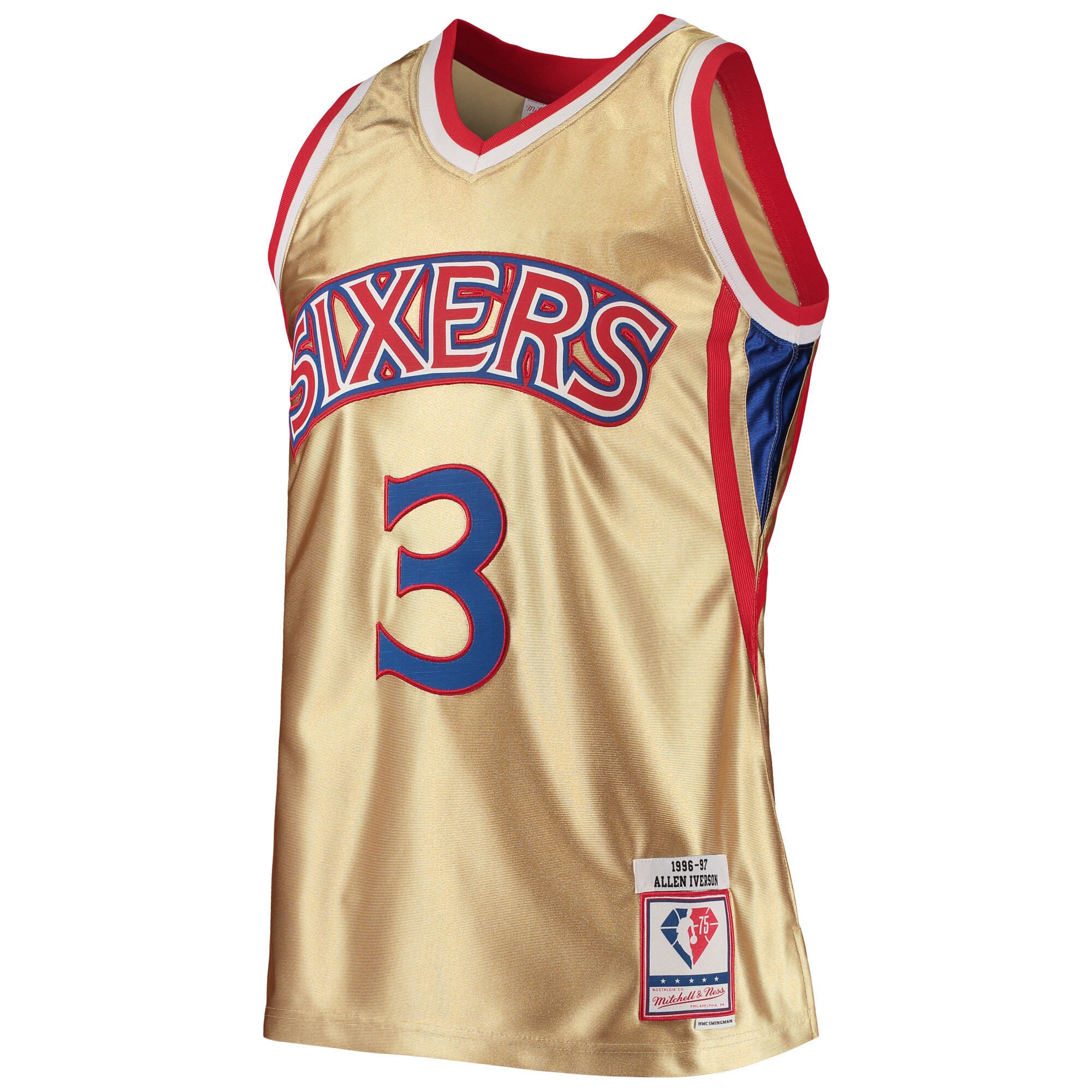 Alternative view of Allen Iverson Philadelphia 76ers Mitchell & Ness 75th Anniversary 1996/97 Hardwood Classics Swingman Jersey - Gold